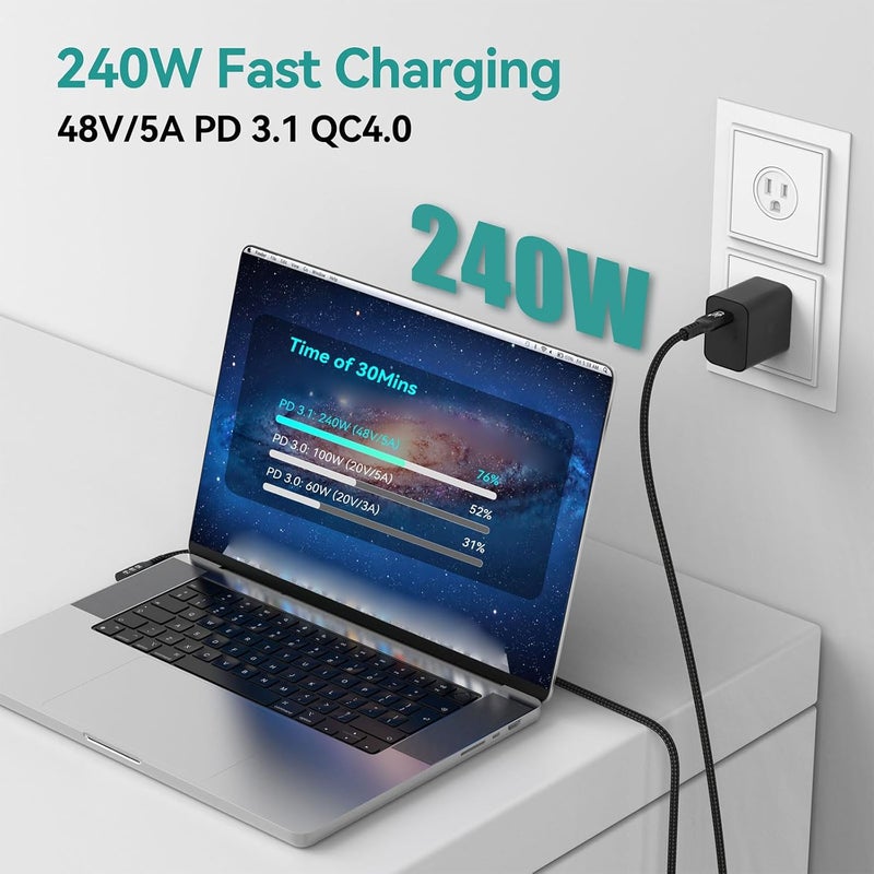 1m USB C Fast Charging Cable 40Gbps PD240W 8K60Hz Nylon Extension Cord Docking Station - Image 4